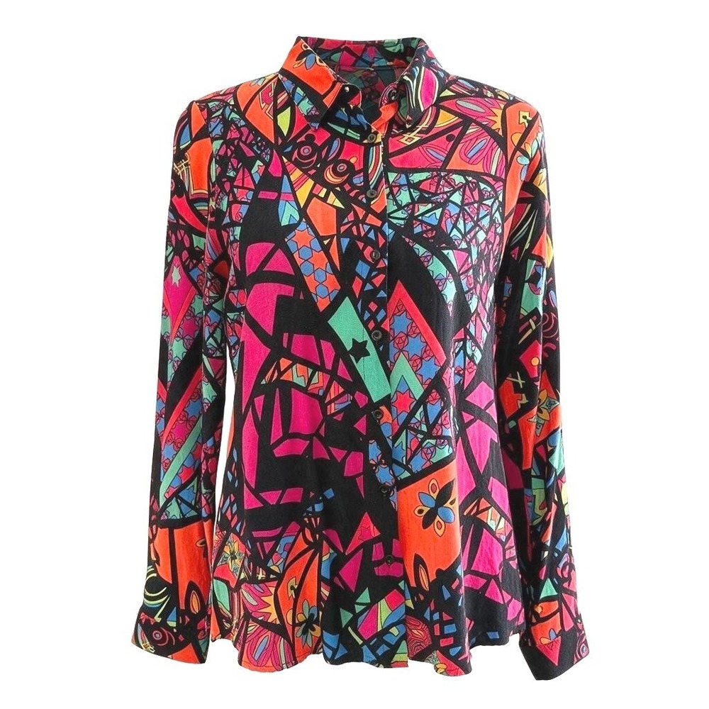 Big Dart Geometric Mosaic Print Viscose Button Down Shirt Multi Color Size 8 US